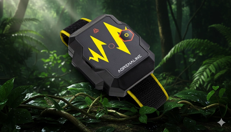 Adrenalin Armband für realistisches Taktik Lasertag Adrenaline Armband mit gelbem Blitz-Symbol für intensives Treffer-Feedback, platziert im Outdoor Dschungel Spielfeld Lasertag Wels. Betont realistisches Lasertag Erlebnis.